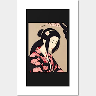 Ukiyo-e Japanese Art - Beautiful Woman Sitting Under Cherry Blossom Posters and Art